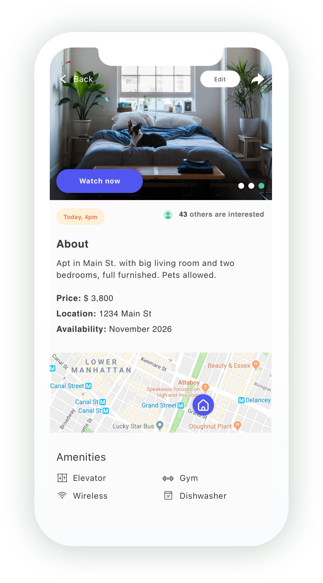Apartment details with Watch Now button